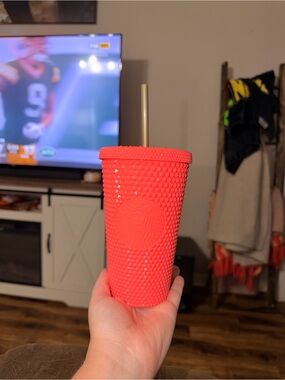 Starbucks Bright Coral Pink Studded Tumbler with Straw - NWT